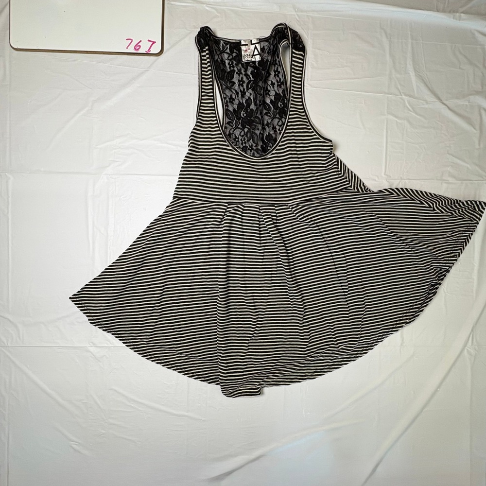Living Doll LA Striped Babydoll Tank Top Black White Lace Racerback Medium USA
